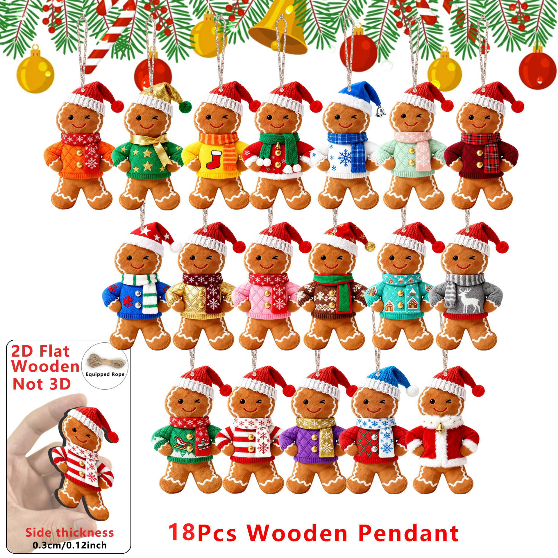 TEMU 2D Plat - Cadeau pour Elle/Lui 2D Plat - 18pcs Pendentif en Bois Homme Pain d'Épice de Noël 2D Plat, Pendentif Homme Pain d'Épice , , la