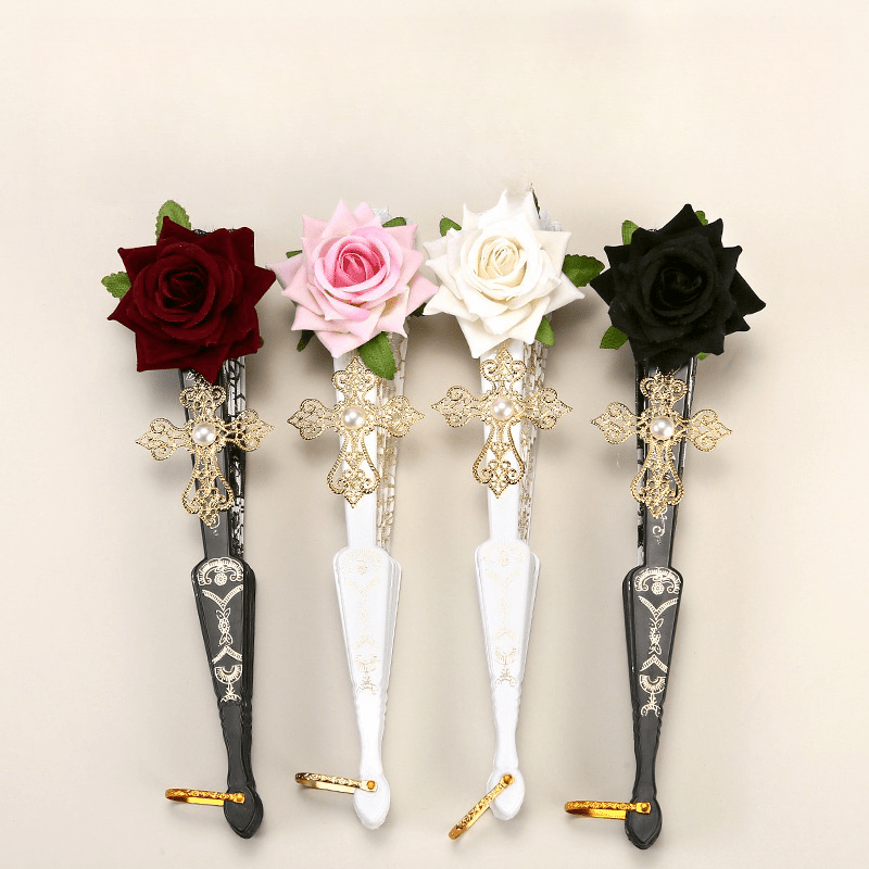 Image of A Set Of 4 Sophisticated Lace Folding Fans, With Rose Designs, Perfect Fashion Additions For Weddings, Parties, And - A Wonderful Gift For Women