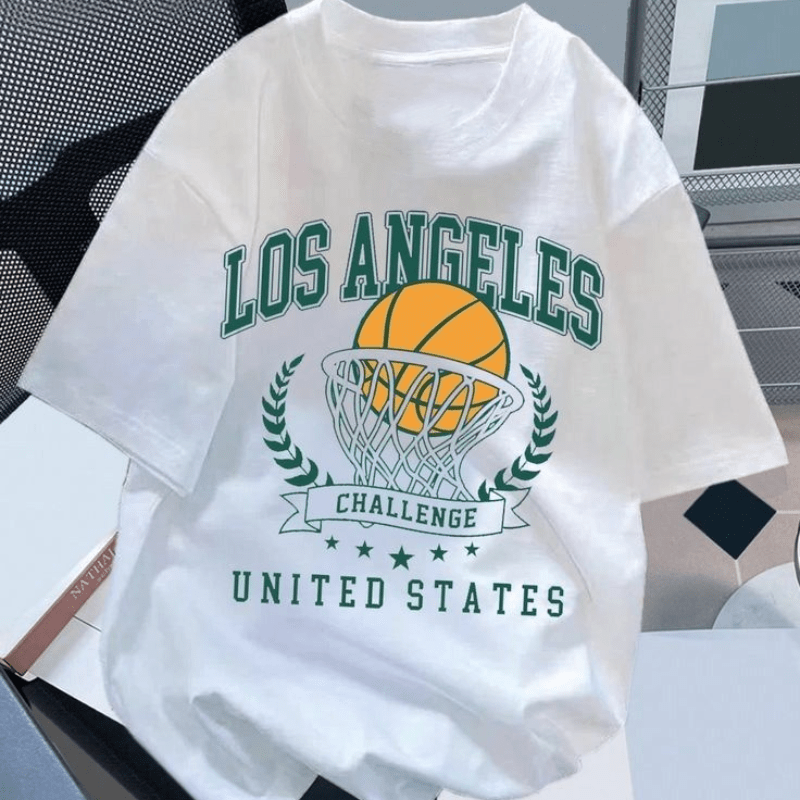 

T-shirt Imprimé Pour Les De Los Angeles Pour Femmes, Haut Décontracté À Manches Courtes Et Col Rond, Tissu Tricoté En Polyester 95% Et Spandex 5%, T-shirt De Longueur Régulière Pour Toutes Les