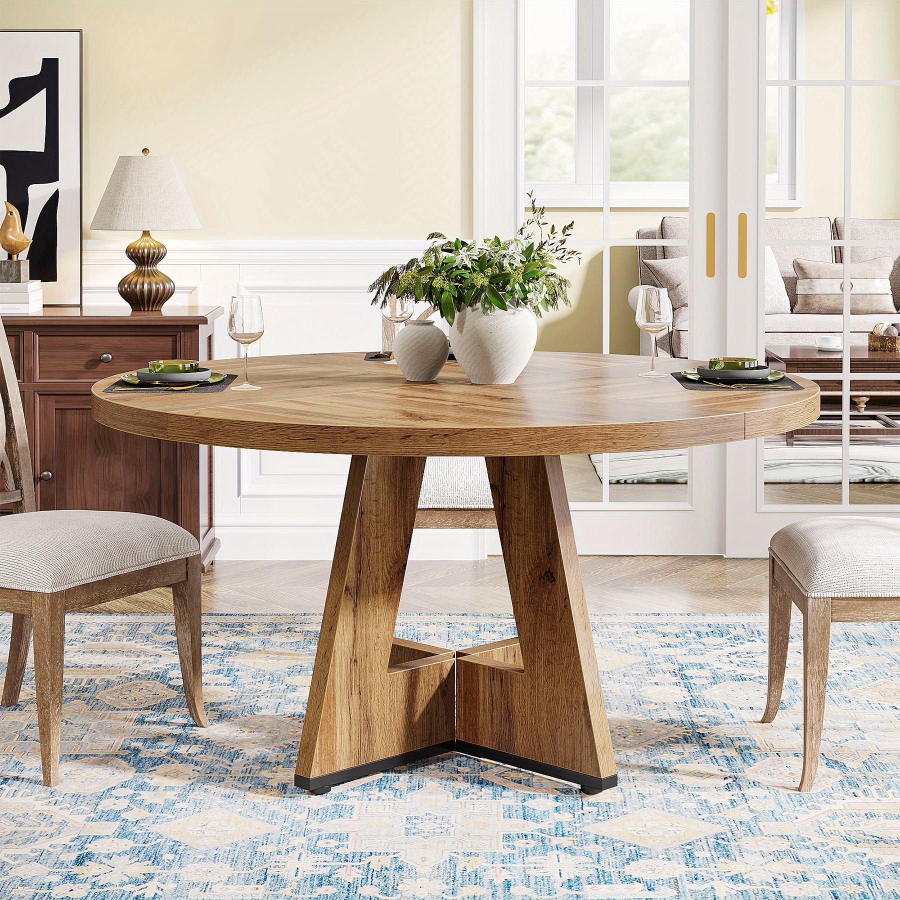 Round Dining Table Wood Kitchen Table For Dining Room, 47in Dining Room Tables For 4 Adults, Farmhouse Dinner Table With Wooden Tabletop And Cross Base