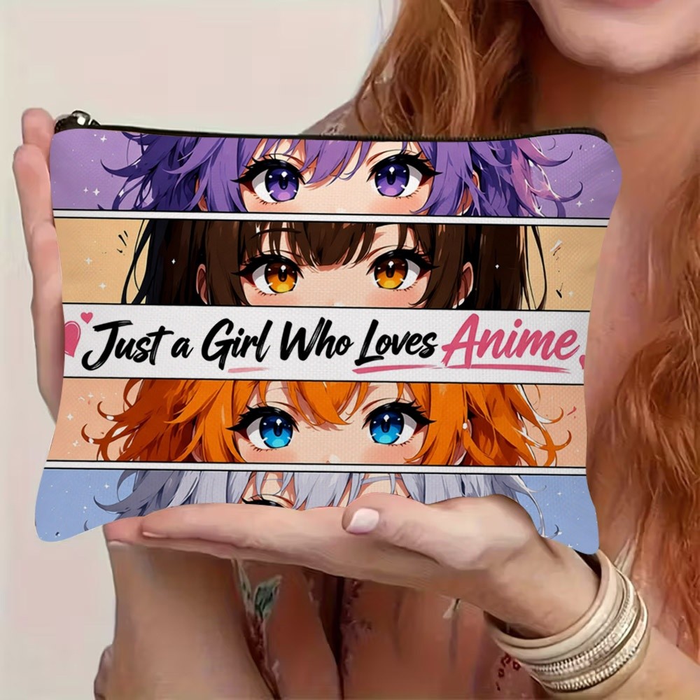 TEMU 1pc 2d Flat Printed Anime-' Cosmetic Bag, With Cute Purple/brown/orange/gray - Haired Anime Girls Design And " Who Anime" Text, Zipper Closure,