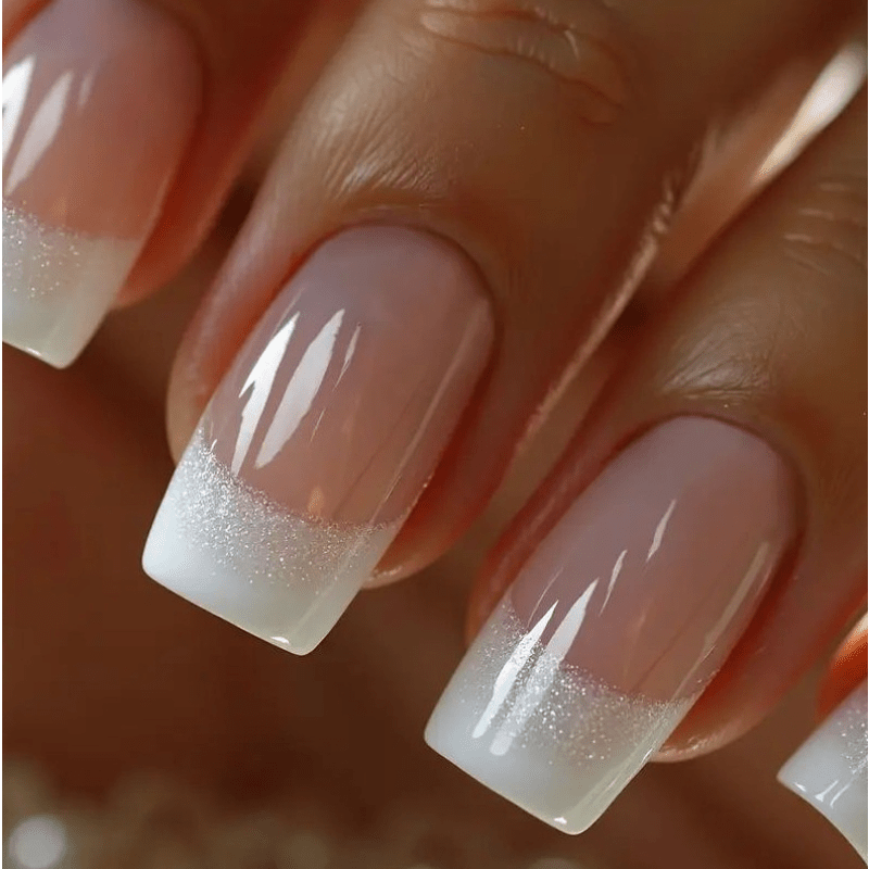 TEMU 48pcs Glitter French Tip - Nude Base With White French Tip & Silvery Sparkle Accent, Short Square Shape, Removable Press-ons For Perfect Elegant