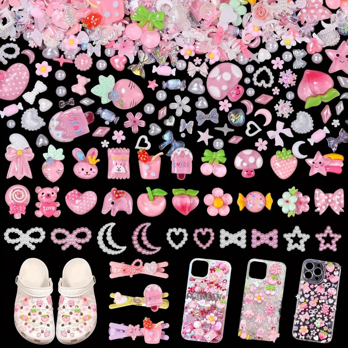 2D Flat, Junk Case Charms Kit, Junk Phone Case Charm, Flatback Lollipop Candy Bear Flower Fruit Mushroom Cartoon Cute Slime Charms for DIY Crafts, Scrapbooking, Jewelry Making- S4