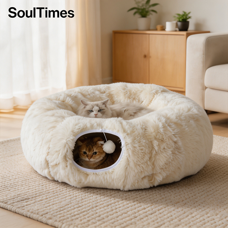 TEMU Panier Tunnel Chat 2-en-1 en Peluche | Nid Confortable Style Donut Chaud avec Cachette Fermée, Trou Peekaboo & Jouet Pompon Suspendu, Lit pour