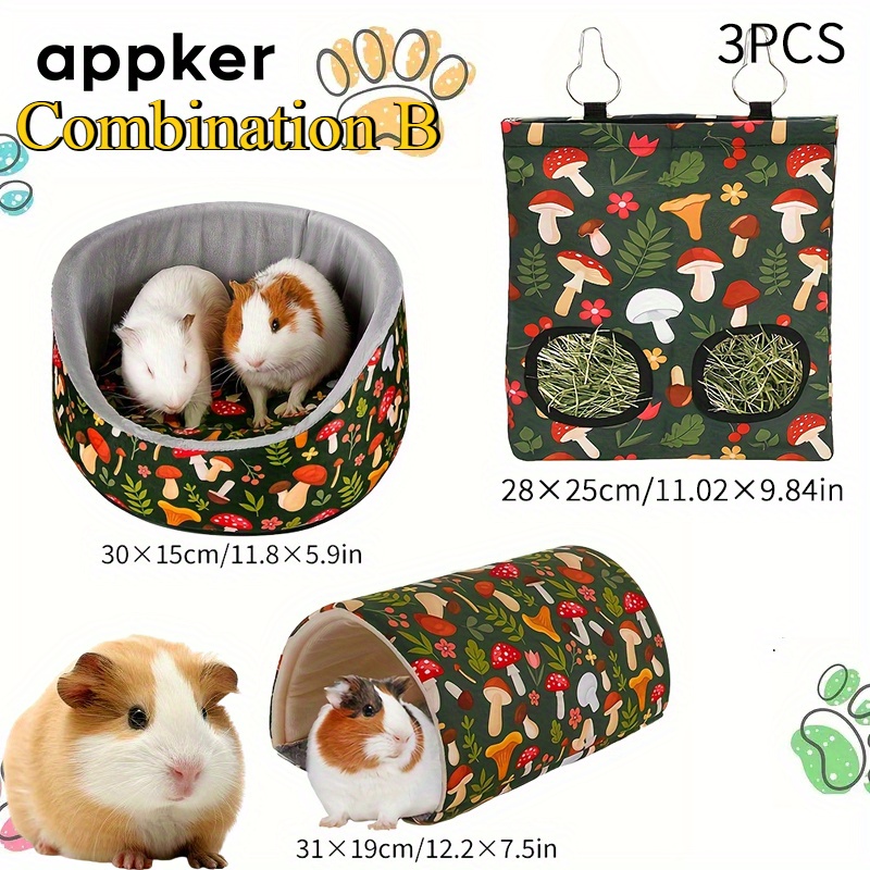 3pcs Mushroom Style Guinea Hideout and Tunnel Set for Small Pets