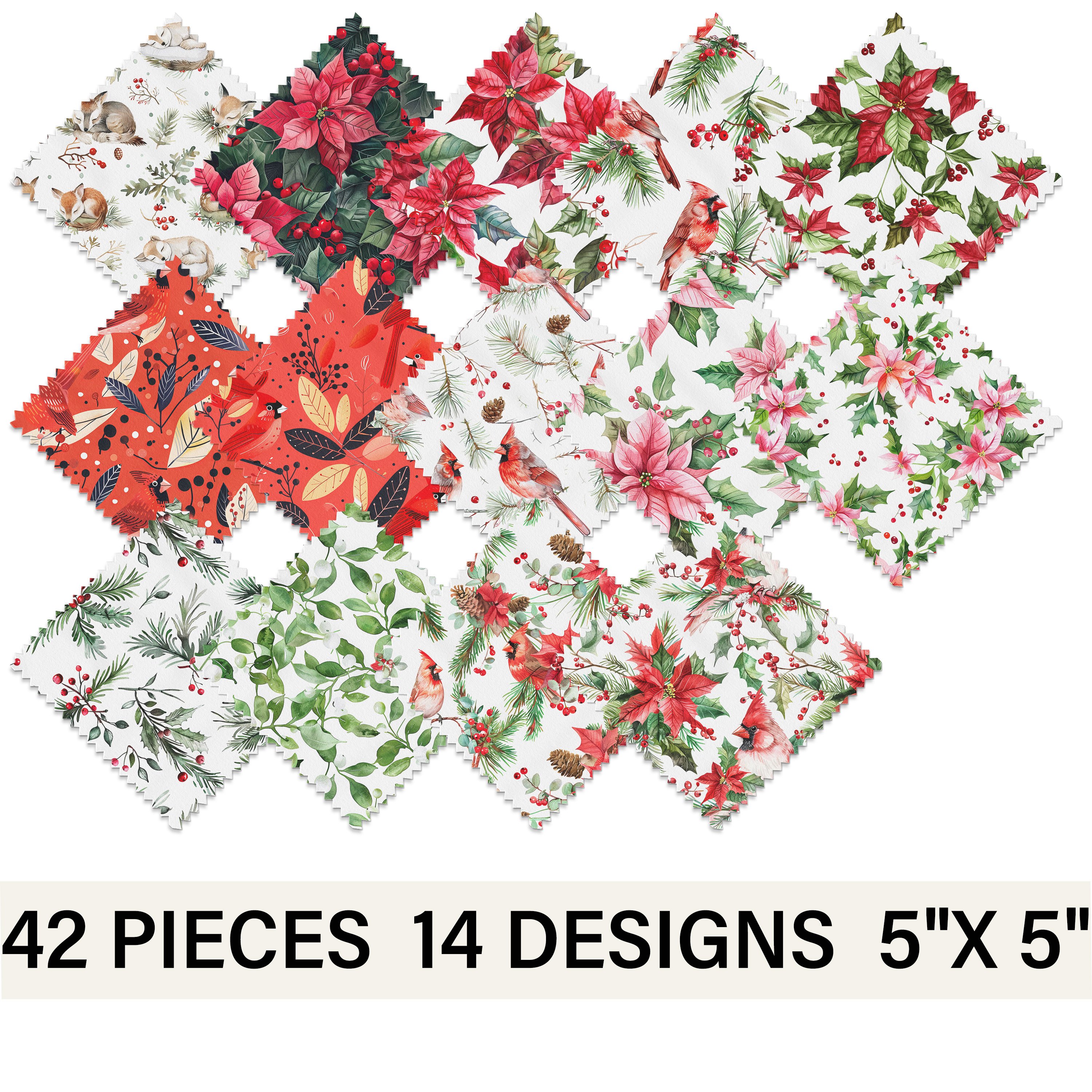 TEMU Charm Pack 12.7x12.7 Square Fabric 42pcs 14 Designs 3pcs Each Design Christmas Red Floral Print Red Green White Holiday Color Scheme Plant