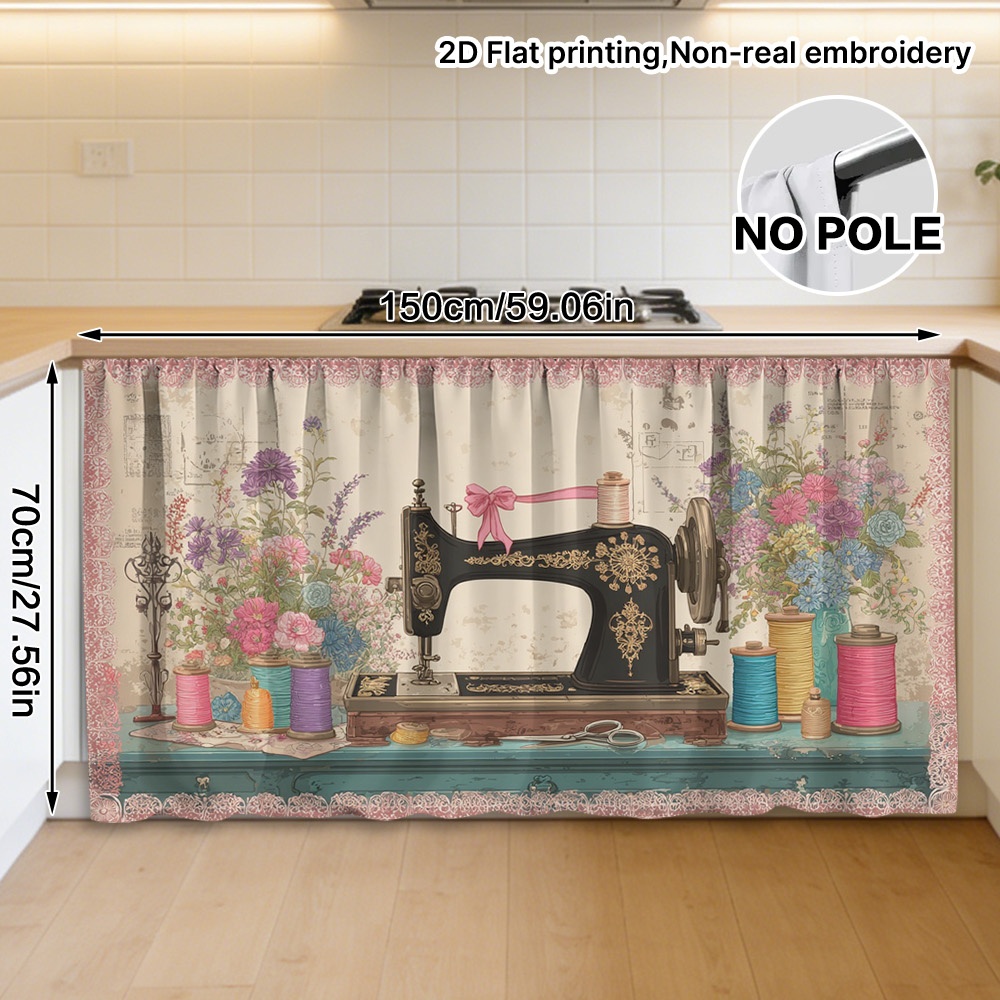 TEMU 2D - 2D - 2D , 1 de cortina con de costura y flores, ideal para ventanas y puertas de gabinetes - Cortina con bolsillo para barra, poliéster