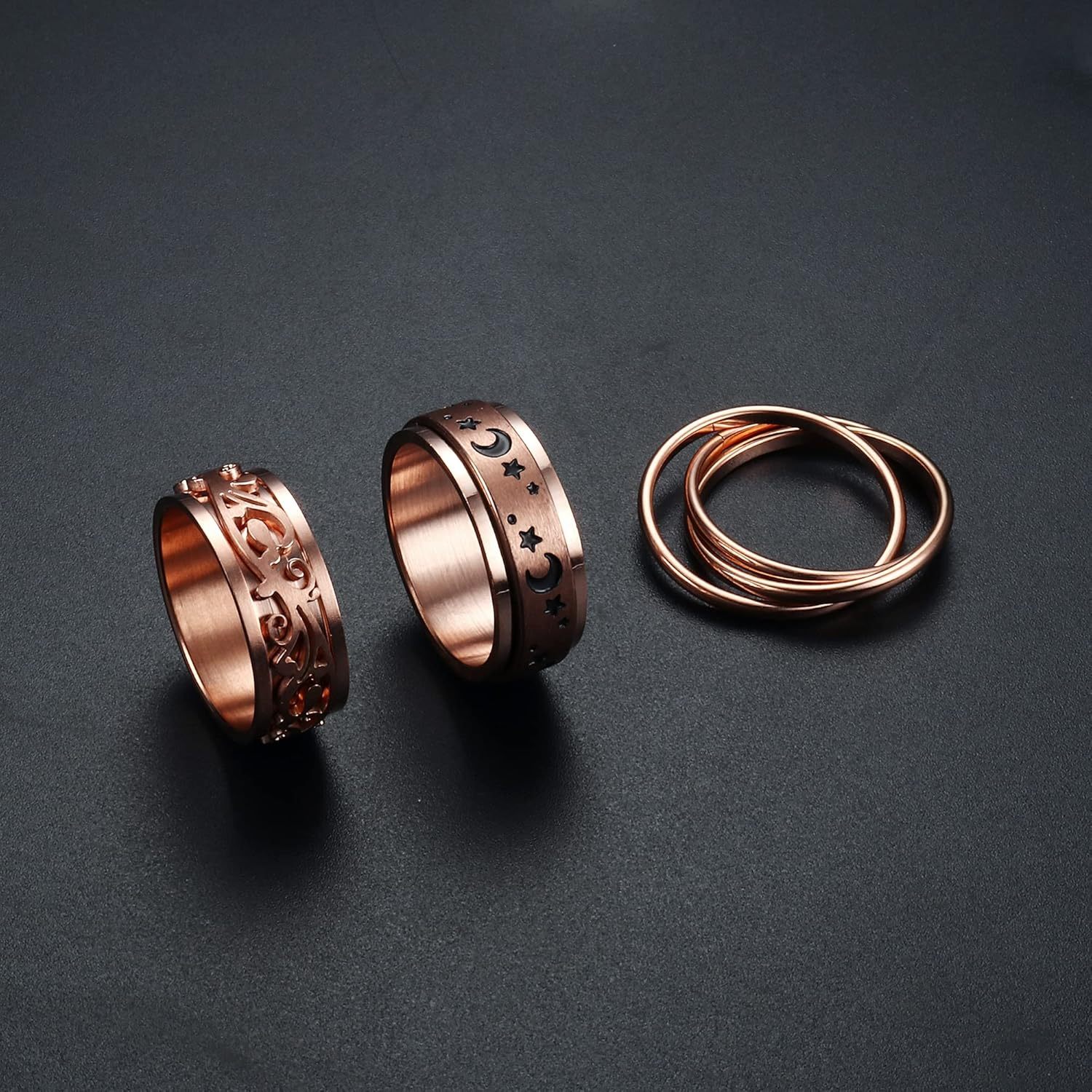 3pcs rose golden spinner rings for teenager 316l stainless steel band rings set triple interlocked rolling moon star womens ring for stress relieving wedding promise for teenager Product details 1