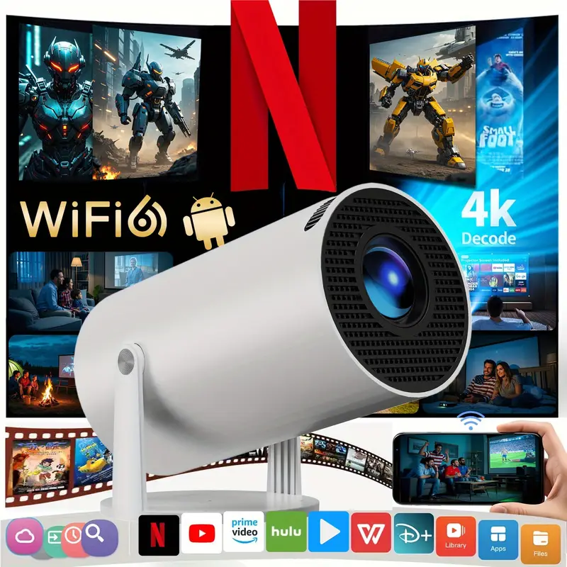 proyector inteligente portátil 4k/1080p con wifi 6, decodificación 4k, rotación de , de pantalla, enchufe de . uu. - ideal para cine en casa, conexión inalámbrica para teléfonos inteligentes, montaje de mesa, proyector 4k | cine en casa moderno | pantalla ajustable, proyector en casa detalles 0
