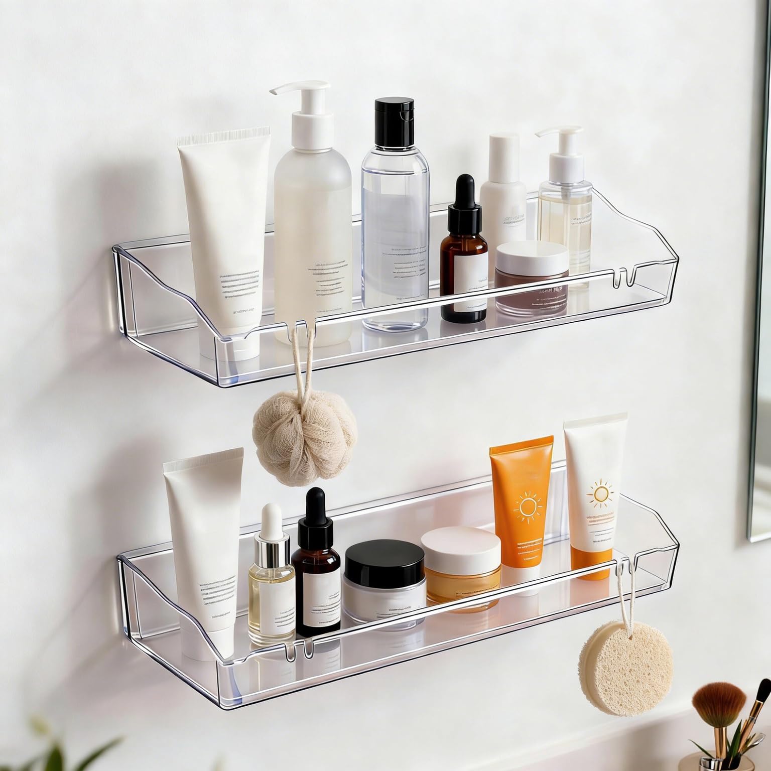 Clear Acrylic Floating Shelves, Wall Mounted Bathroom Organizer Storage Shelf, Adhesive & Screws Dual Installation, Shower Caddy For Bathroom Room Home Decor