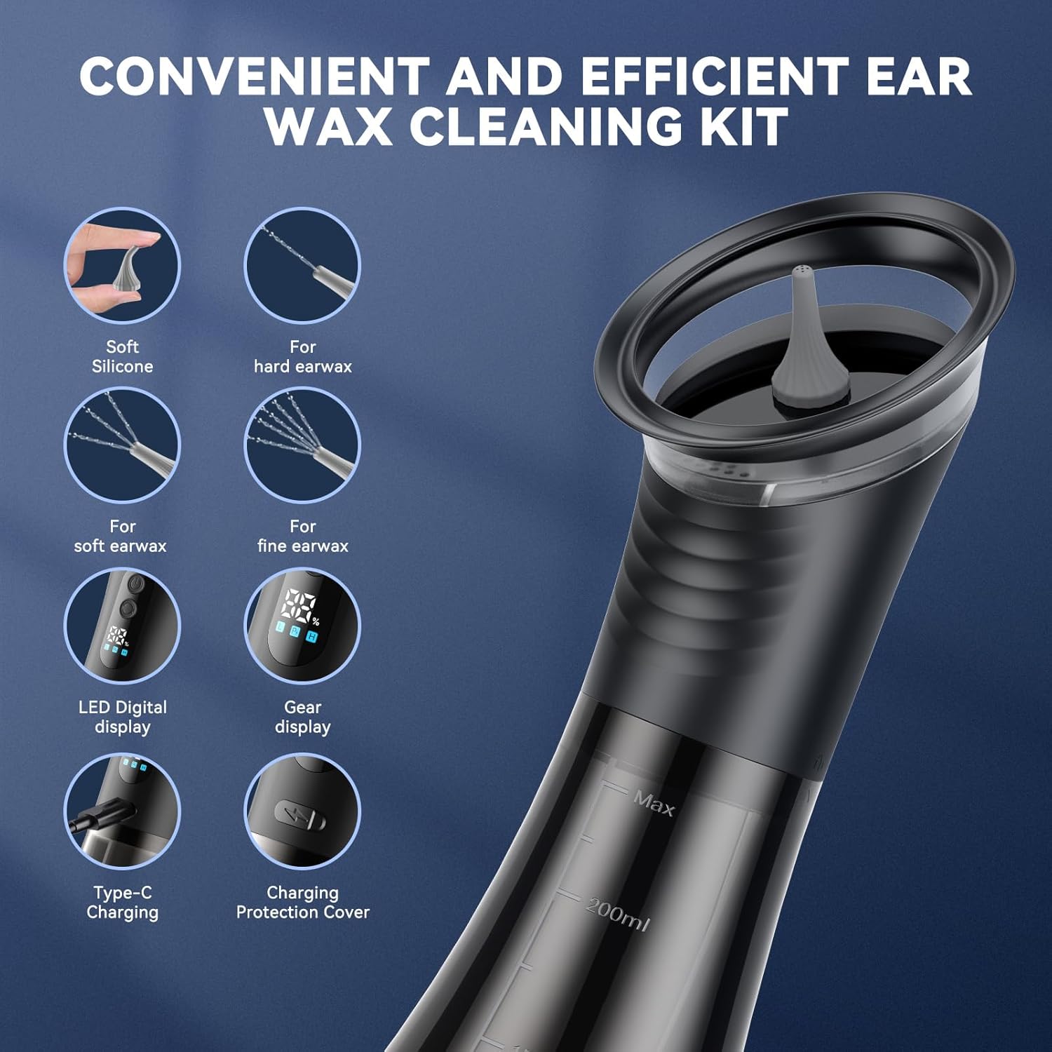 earwax removal tool with temperature sensor electric ear wax removal system pro hydraulic ear cleaner kit   usb rechargeable visual waste tank for home ear care dry dirty storage system Product details 4