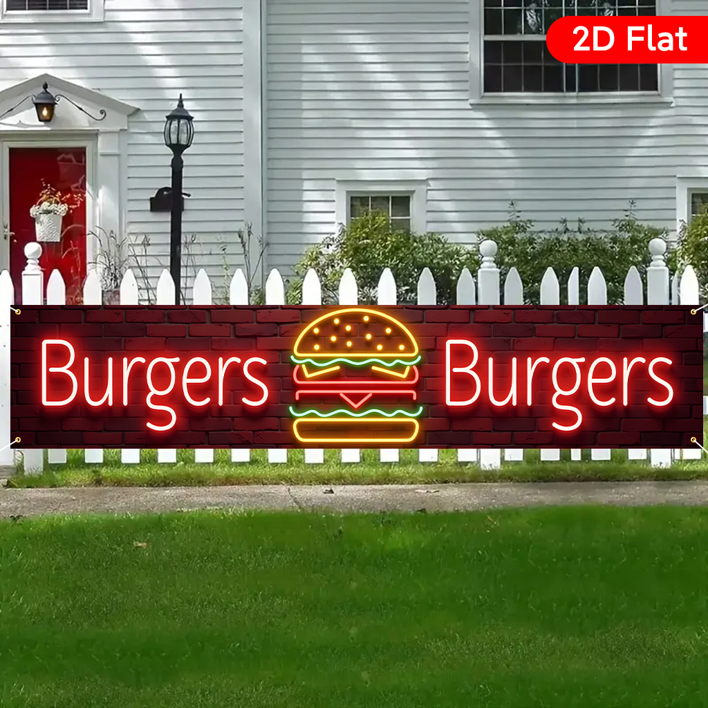 TEMU 2d Flat 1pc Neon Sign "burger On A Brick" Design, Large Yard Banner For Birthday Parties & Anniversaries, Promotional Slogan Flag, 17.7x78.7