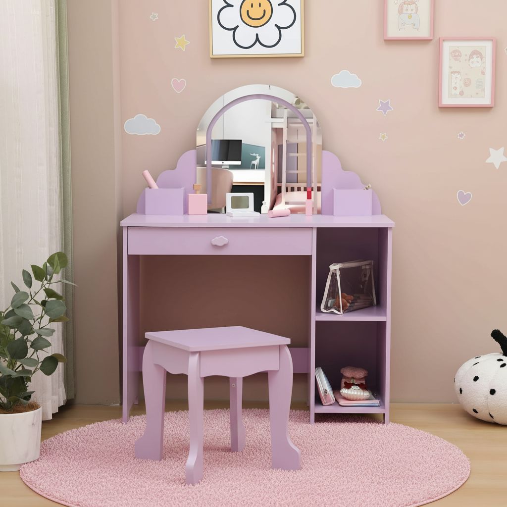 Girls' Kids Vanity Desk with Mirror & Stool - Princess Makeup Table with Drawer, Shelves & Cubbies, Toddler Dressing Table Suitable for Little Girls, Assembly, Non-Wood