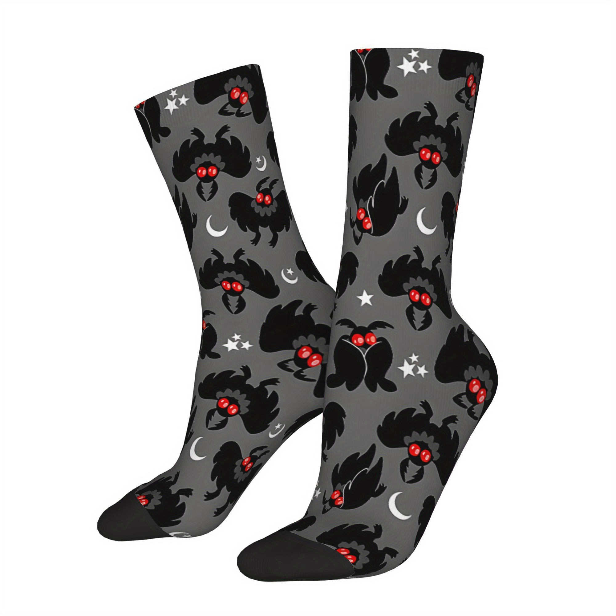 

1 Pair Men's Crew Socks, Mothman Pattern, Knit Polyester Fabric With 5% Elastane, Unisex Style, Seamless Novelty With Hand Wash Or Care Instructions