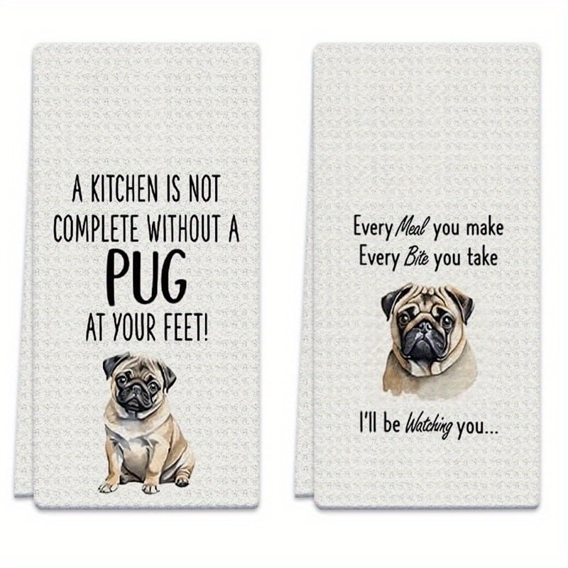 TEMU 2pcs Dish Towels 18x26 Inches Cartoon, Pug Dog, Text Microfiber Absorbent Kitchen Hand Towels, Suitable For Home Kitchen Cooking, Baking,
