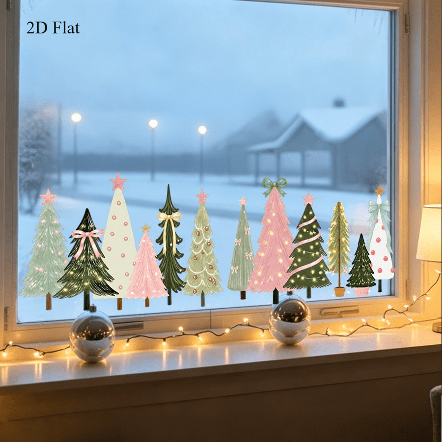 TEMU 2d Flat, 2pcs 2d Flat Christmas Soft And Colorful Static Cling Window Decals, Hand-painted Pine Trees With Bows, Stars, And String Lights,
