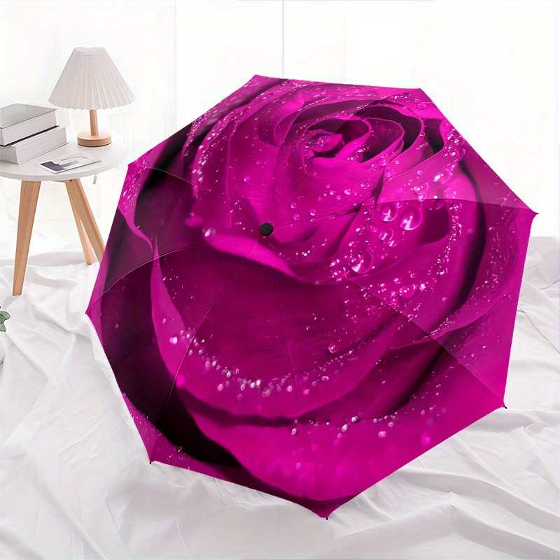 1pc Rose Petals Waterdrops Umbrella - 8-Rib Frame, Automatic Open Compact Travel Umbrella, Lightweight Durable Fashion Gift for Outdoor Use, Perfect for Halloween & Christmas accessories-C728045