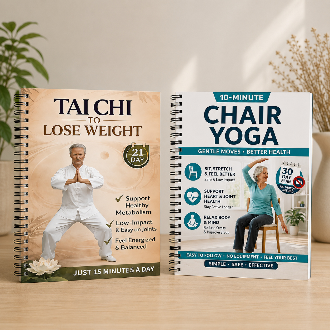 TEMU Tai Chi To Lose Weight And 10 Minute Chair Yoga Exercise Books Set 21 Workout Program For Seniors Elderly Home Fitness 2pcs Spiral Bound Guides Boost Metabolism Heart