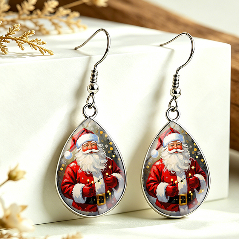 TEMU 1 Paire de Boucles d'Oreilles Cabochon en Verre avec Père Noël Tenant des Guirlandes Lumineuses, Bijoux Tendance Unisexe, Pile