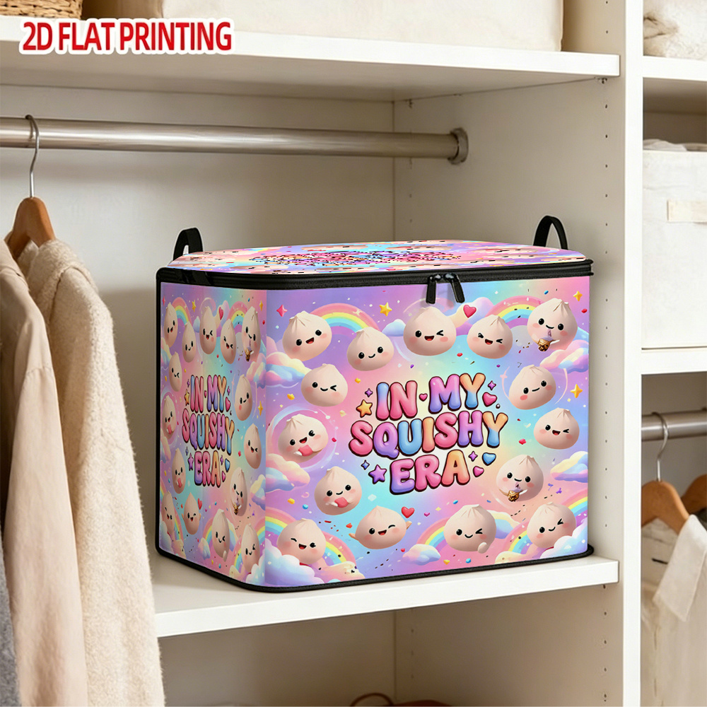 TEMU 1pc Bun Squeeze Cartoon Fabric Storage Box, 2d Flat Print Style, With A Zippered Top Handle, Foldable Design For Flat Storage When , Ideal For