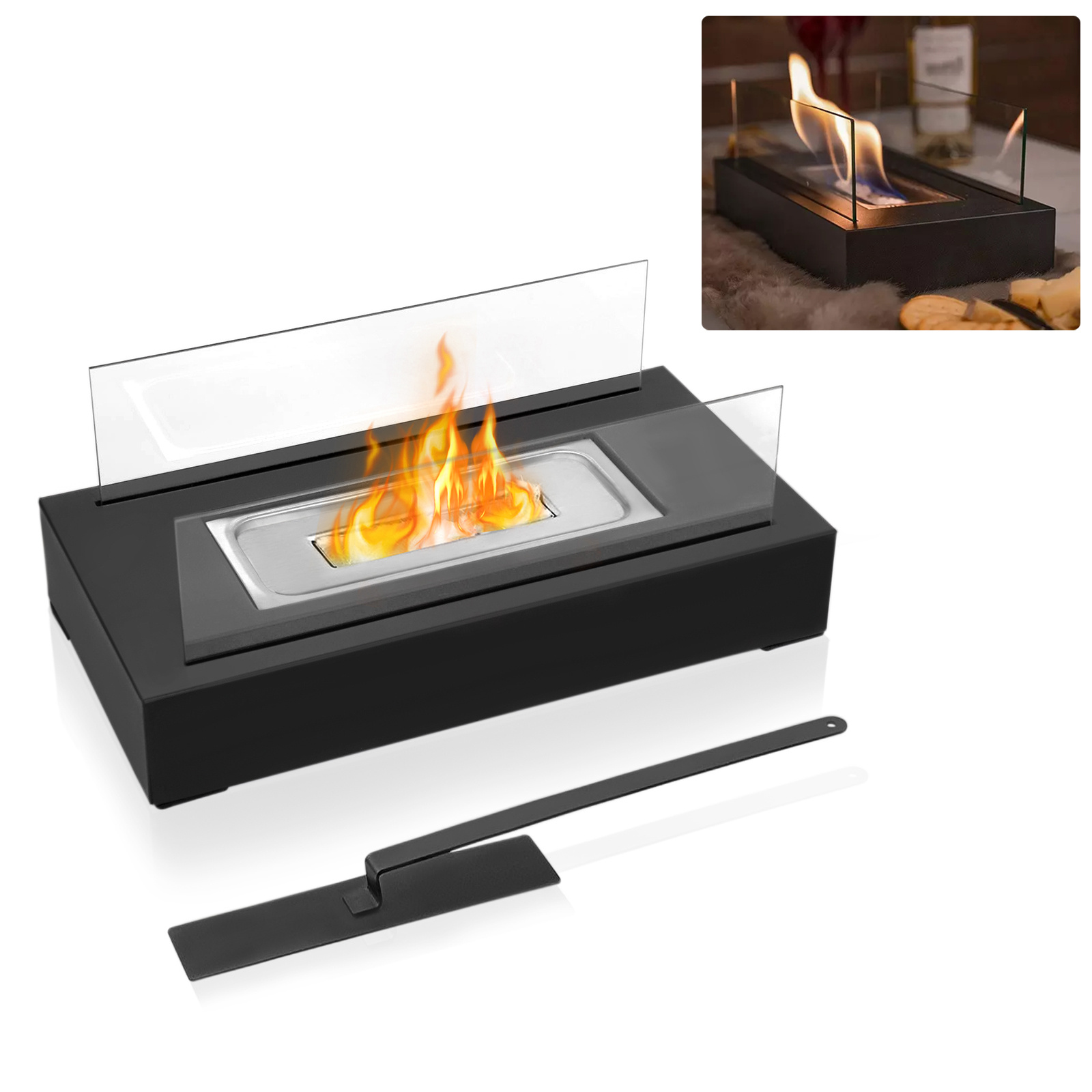 

Elegant Tabletop Glass Fireplace With Extinguishing Rod - Decorative For Indoor & Outdoor Use, Powder-coated Metal