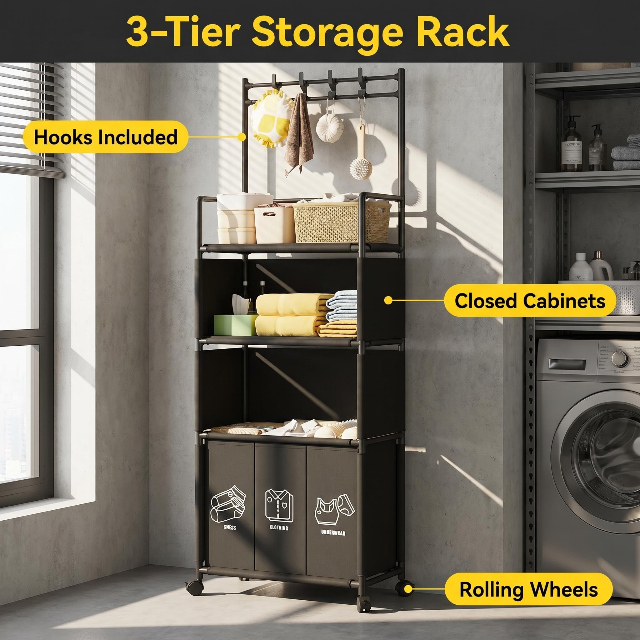 -layer 3-space Wheeled Laundry Storage Rack, Miscellaneous Hanging Clothes Storage Rack