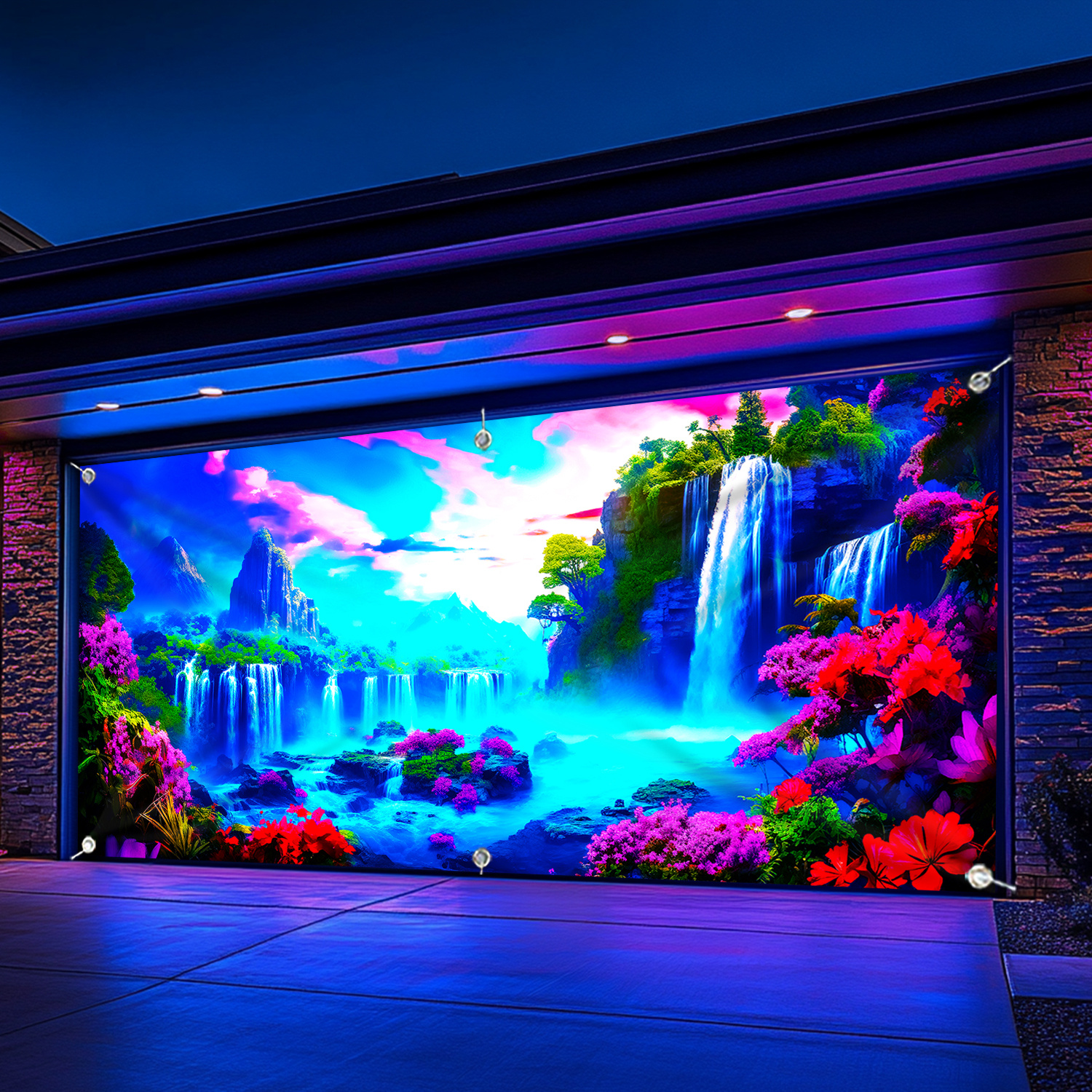 [1pc UV Floral Banner] 1pc Large UV-Activated Floral Waterfall Garage Door Banner | Fluorescent Fabric Wall Decor with Vibrant Nature & Landscape Design | No Power Needed for Parties, Photography Studios, Outdoor Events, Parties Decorations, Party Decoration, Outdoor Festive Decor, Uv Light Display