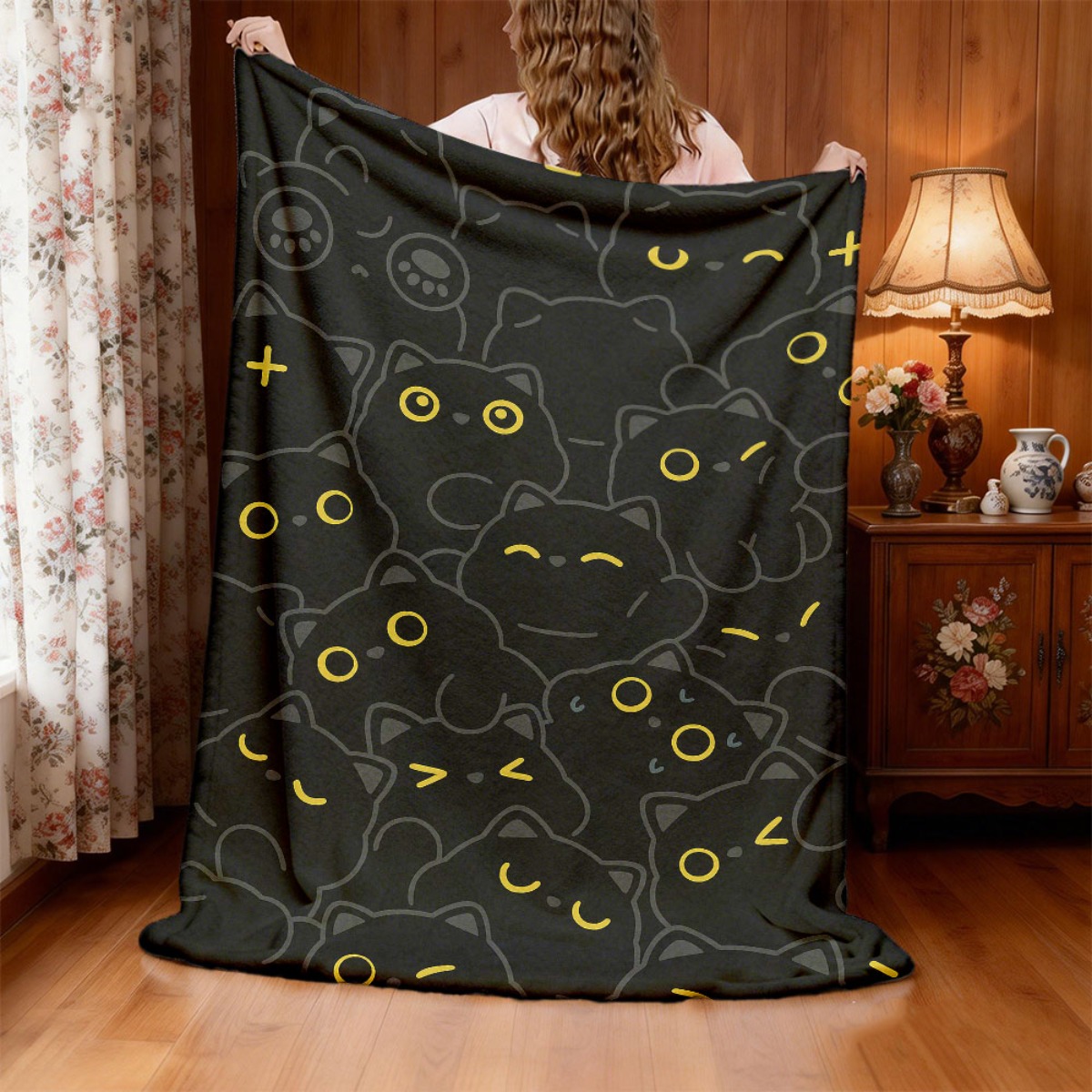 TEMU 1pc Whisker Black Cat Print Flannel Fleece Throw Blanket - Hypoallergenic, Machine Washable, Warmth For Home, Bedroom, Office - Polyester 60x80