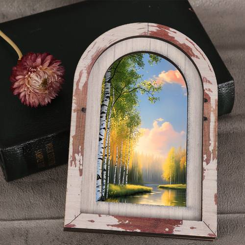 1pc vintage distressed arched white and brown photo frame featuring a style with an embedded birch forest and lake scene art print its unique and textured perfect for home desktop decoration and can add
