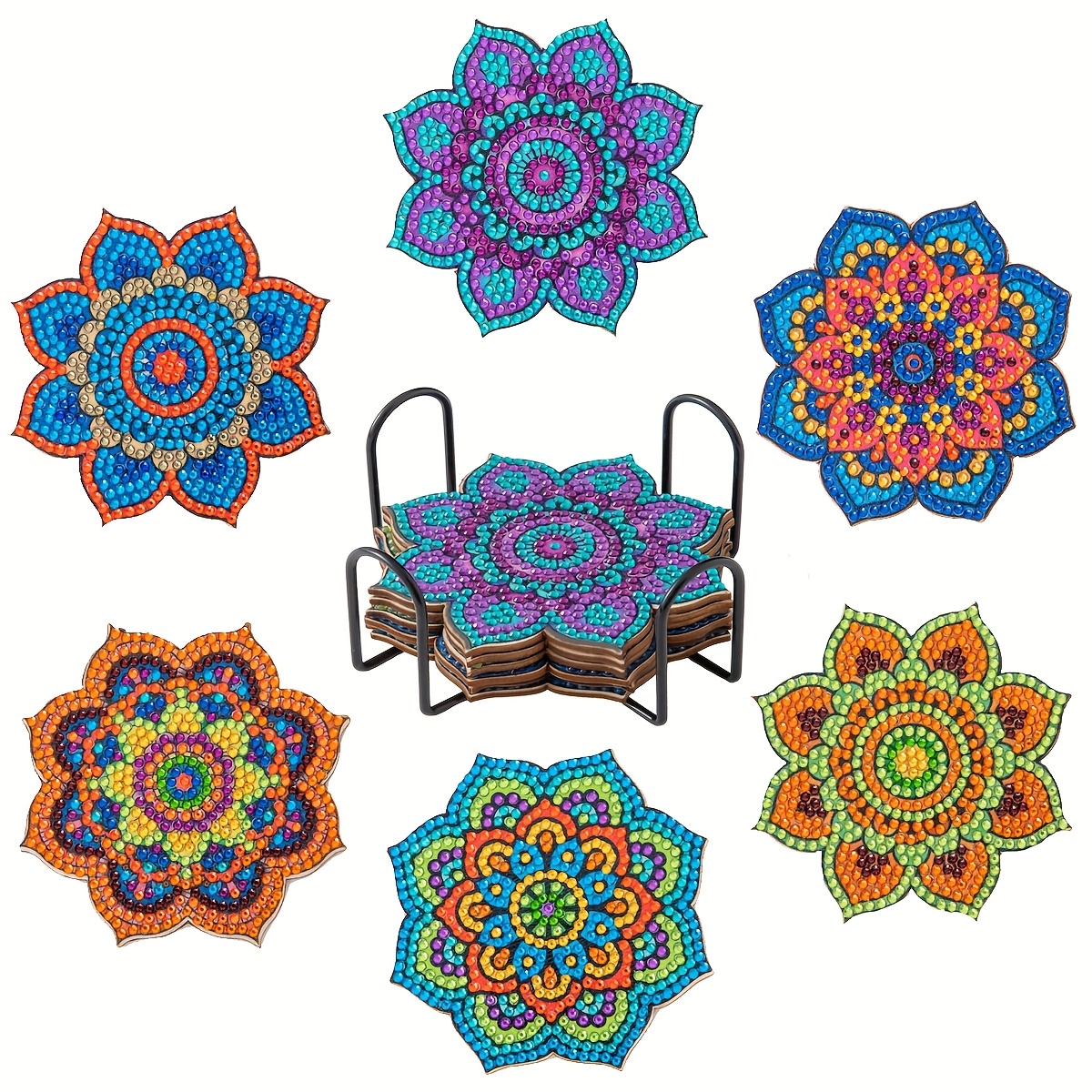 TEMU 6pcs Mandala Coaster Set With Stand - 5d Flower-shaped Diy Craft Kits Suitable For Adult Beginners, Tea Party Decorations, Elegant Table Setting