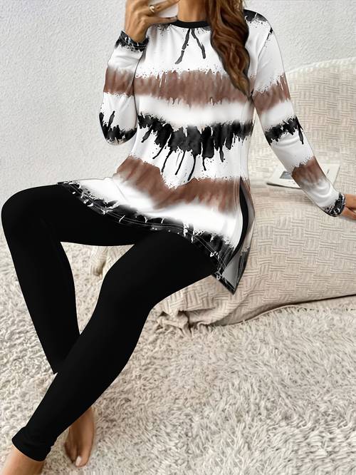 women 2pcs clothing set tie dye print long sleeve split tunic top and black leggings casual clothing clothing
