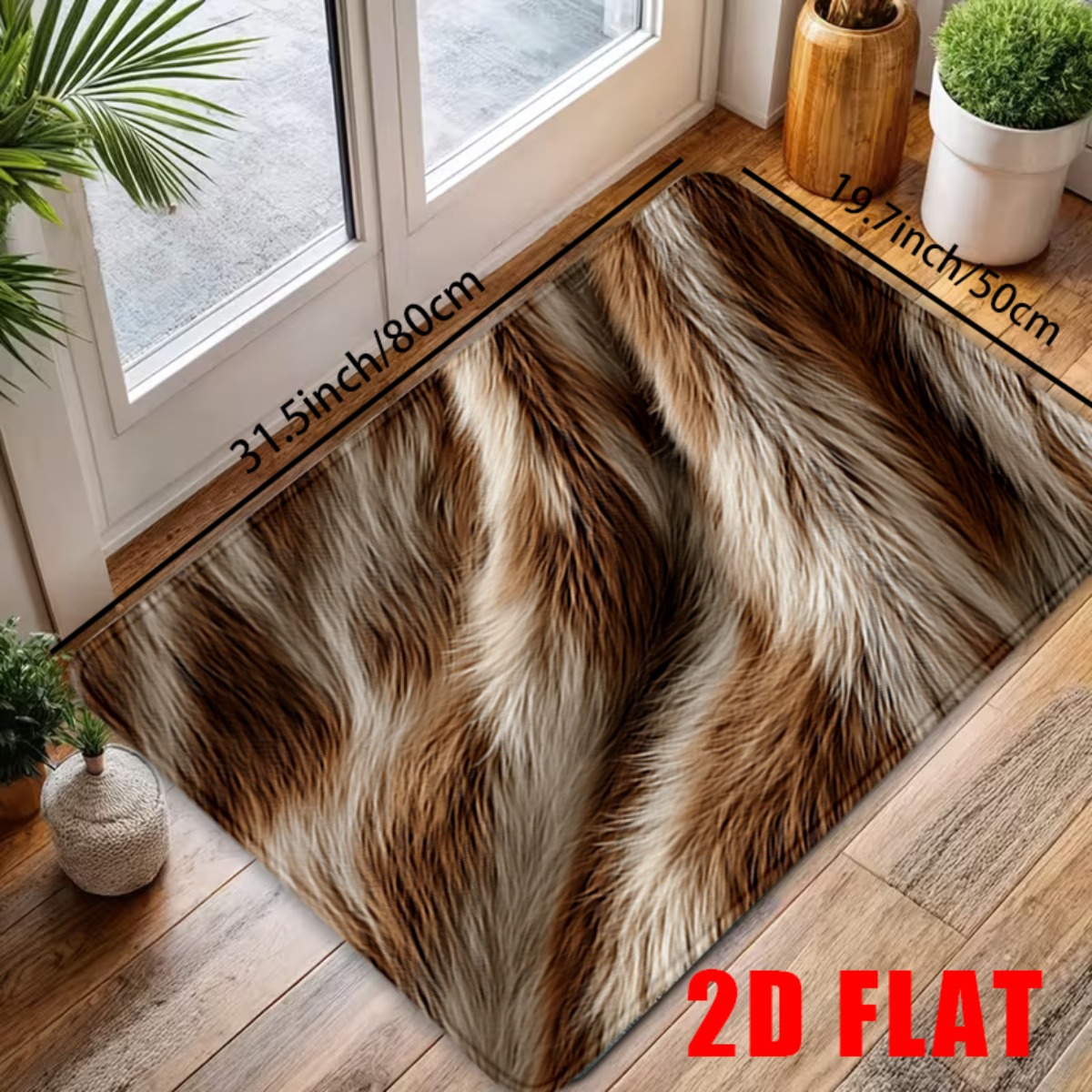 TEMU 2d Flat, 2d Flat, 1pc 2d Flat Mat | Luxurious Soft Flannel Bathroom Anti-slip Mat With Realistic Brown And Cream Fur Pattern | Perfect For Cozy