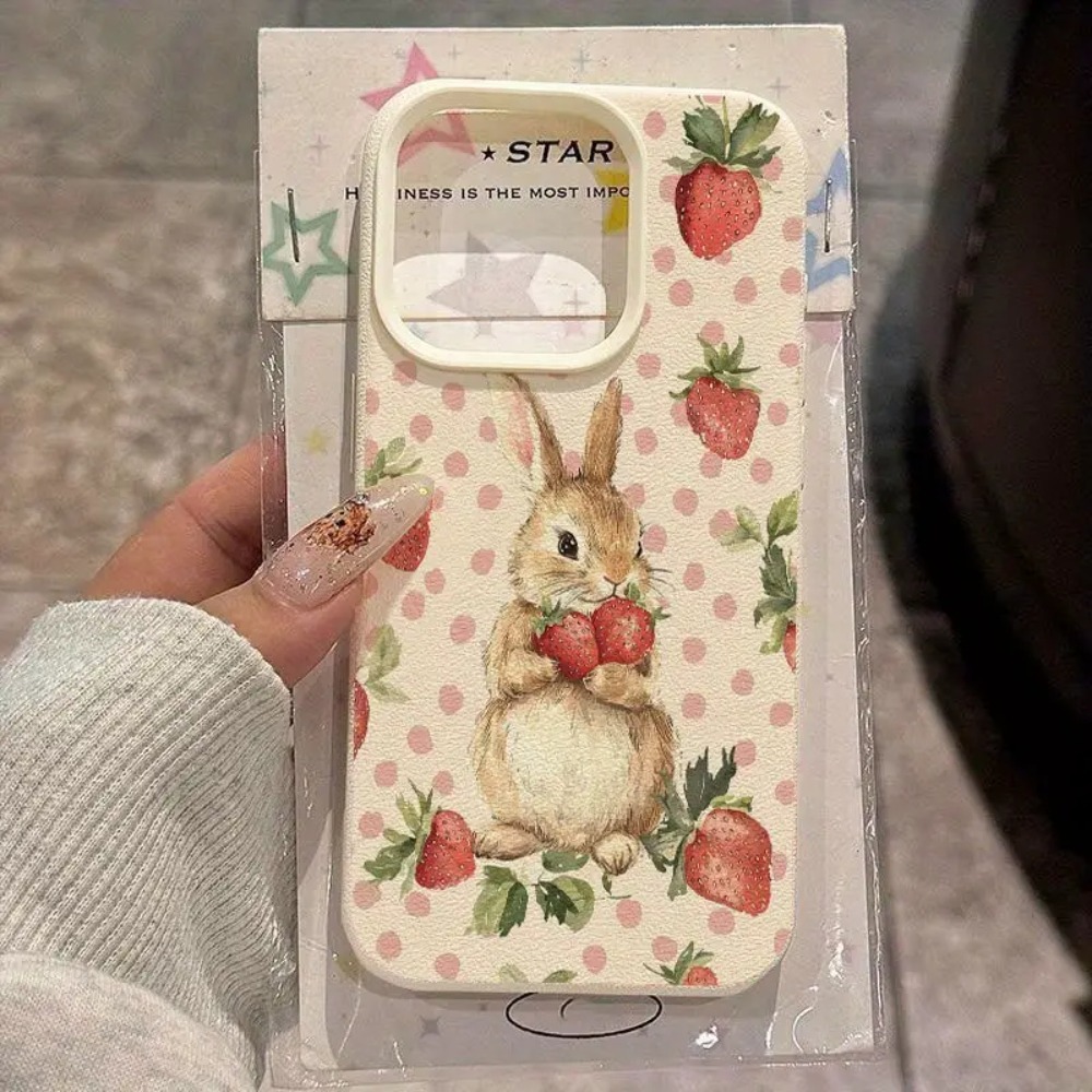 TEMU Phone Case: Rabbit Strawberry Pattern Drop-proof Lychee Texture Phone Case, Suitable For Iphone 17 16 15 14 13 12 Pro , Stylish Full-coverage