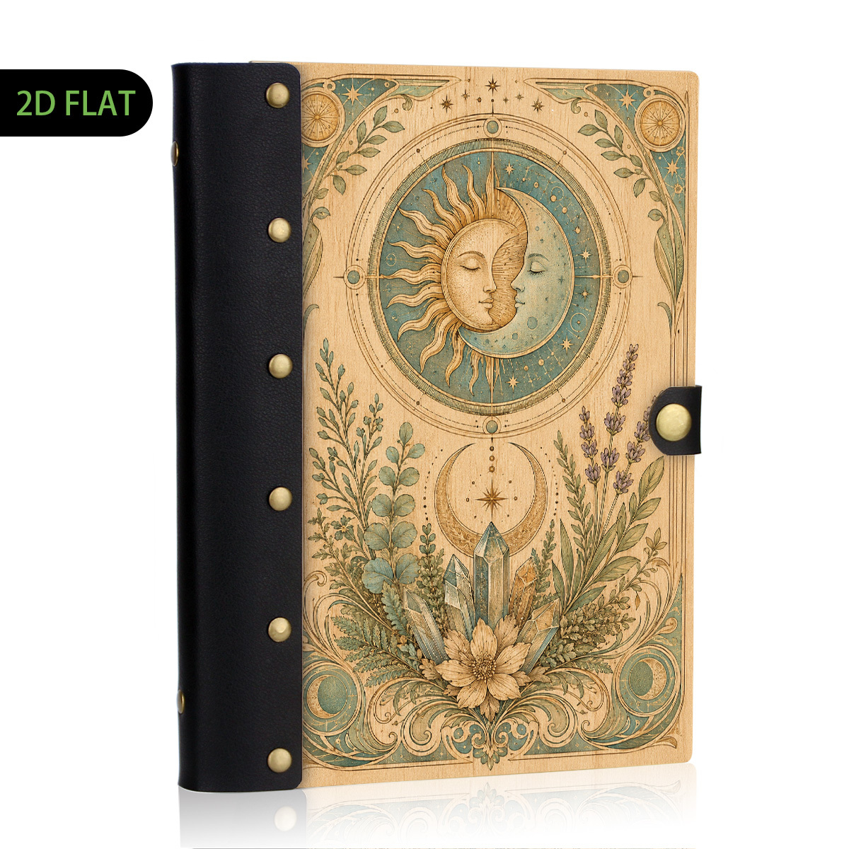 TEMU 1pc Sun Wood Leather Binder Notebook, 100 Pages Refillable Loose Leaf, 2d Flat Hard Shell, Metal Rivets, Eye-friendly , Lined Pages, Portable
