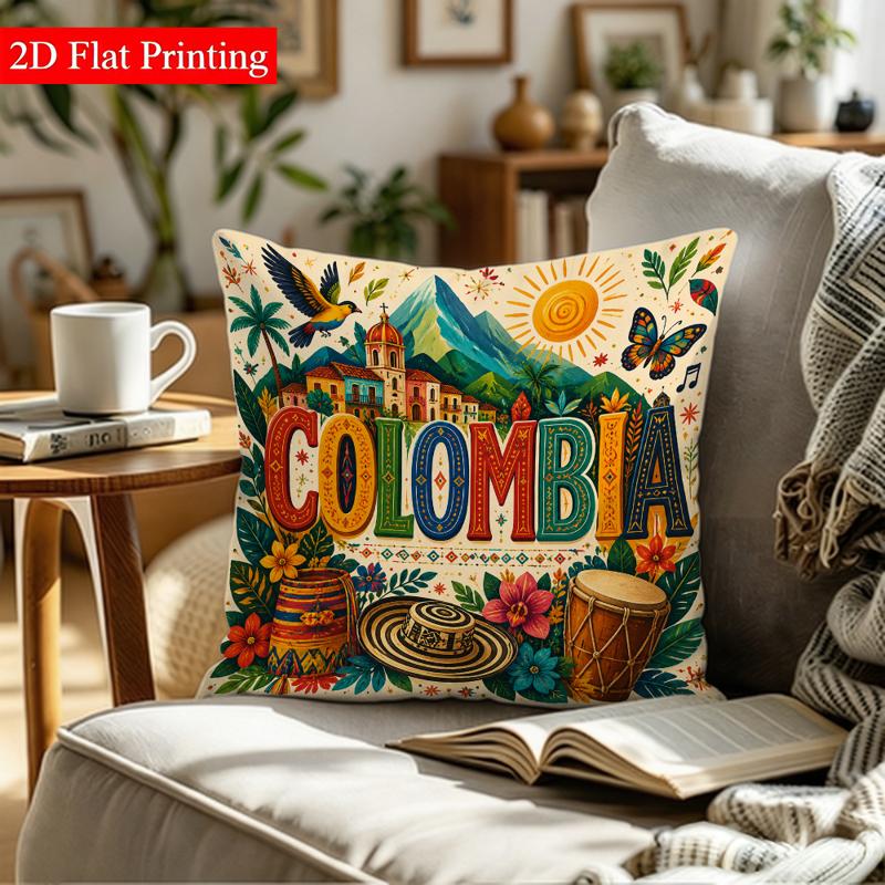 TEMU de cojín decorativa de 1 pieza, 2D, estampada por (sin bordado 3D/real, sin relleno), 17.71×17.71", con estampados de "COLOMBIA" y paisajes
