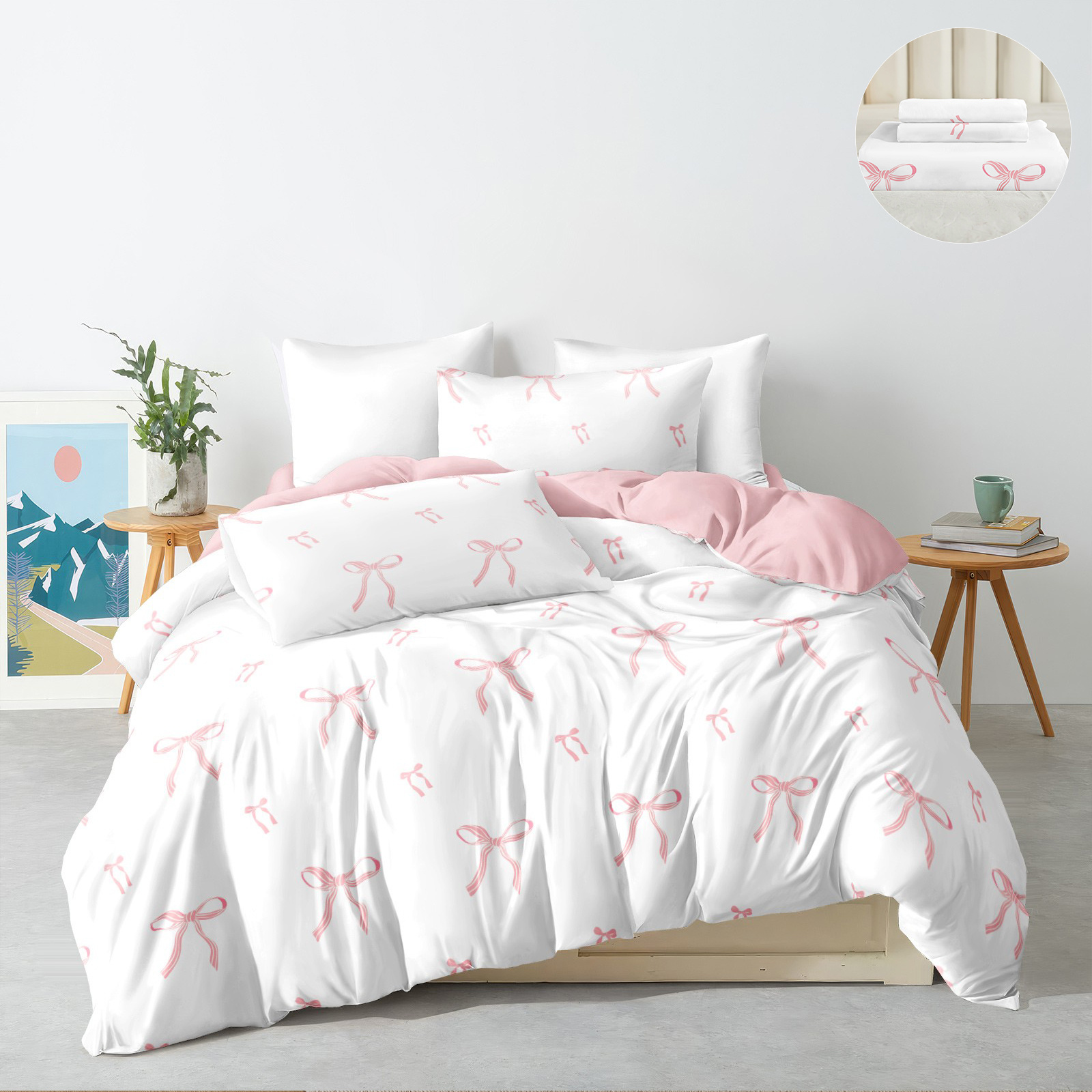 Image of 3pcs Pink Striped Bow Duvet Cover Set, 1pc Duvet Cover And 2pcs Pillowcases Without Core, Suitable For Room Decoration Daily Polyester Skin-friendly Indoor Bedroom Master Bedroom Second Bedroom