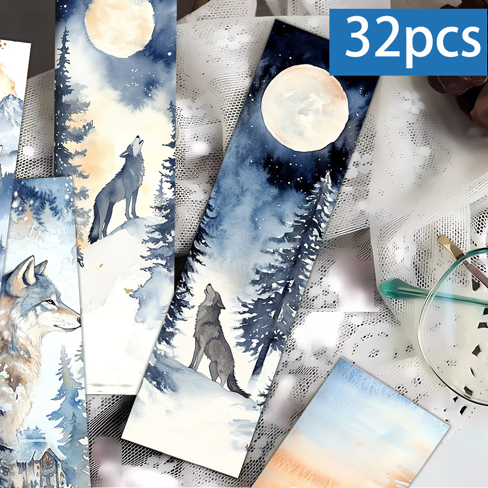 Image of 32pcs, Watercolor Wolf Bookmark, Wilderness Forest Watercolor Bookmark, An Present For Book Enthusiasts, Craft, Narrow Page Collage Method, Perfect Option For Libraries And Educators