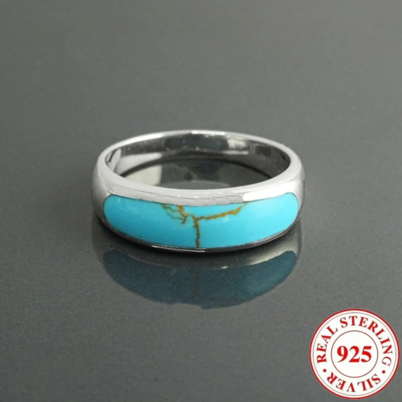 TEMU 5 Sizes From, 925 Silver Vintage Elegant Inlaid Blue Turquoise Ring, Ring Suitable For Daily Wear, Fashion Accessory, Stackable Ring, Blue