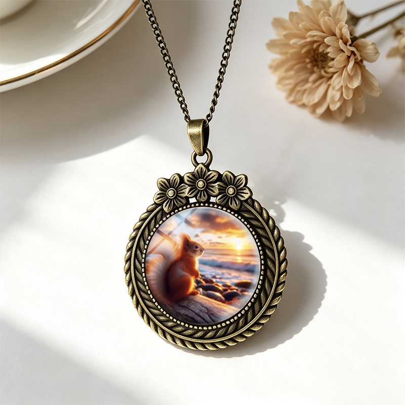 Squirrel Seaside Sunset Round Glass Dome Necklace