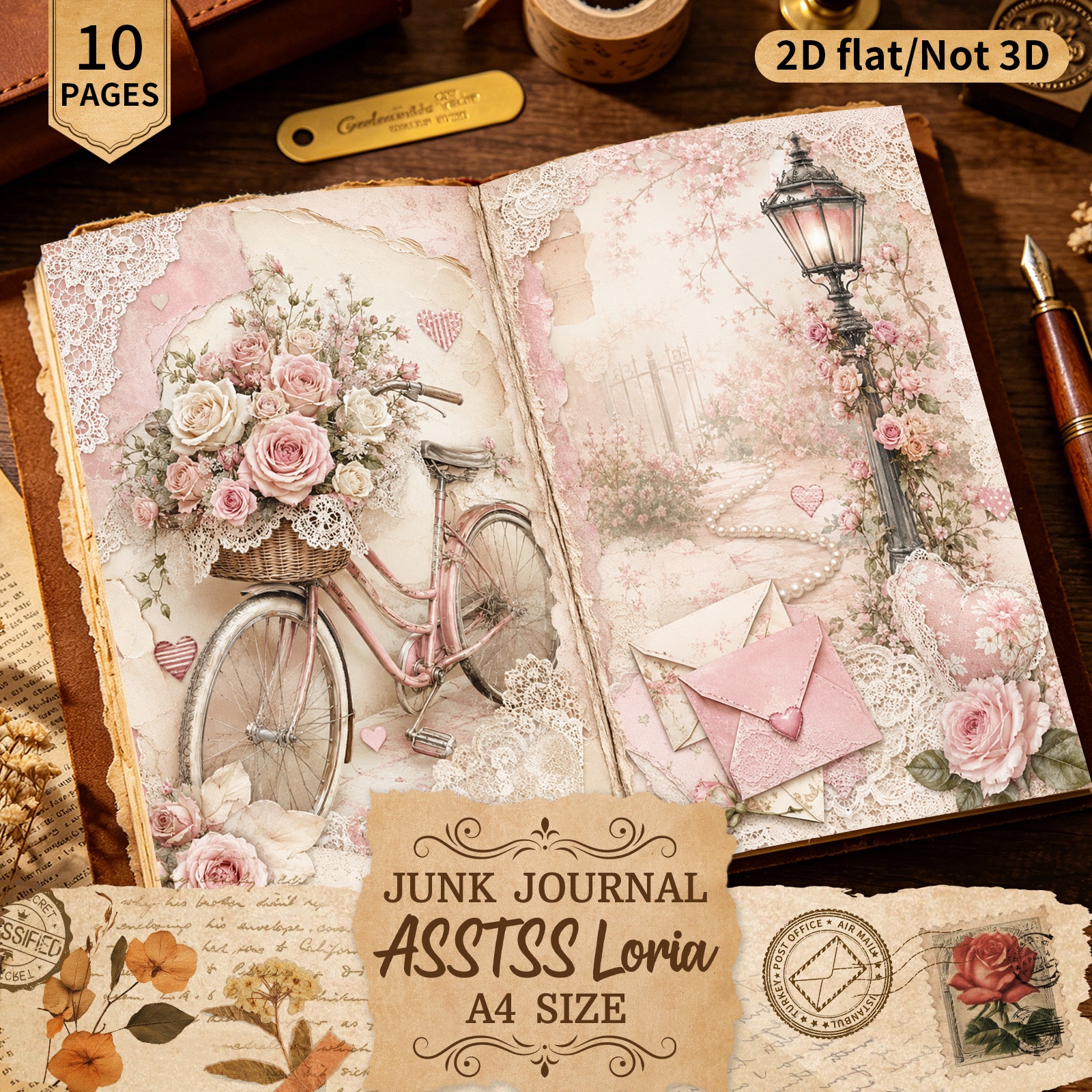 TEMU Asstssloria 10 Sheets A4 2d Flat Rose Lace Afternoon Tea Scrapbooking Paper Set, Handcrafted Junk Journal And Decorative Craft Paper, Craft
