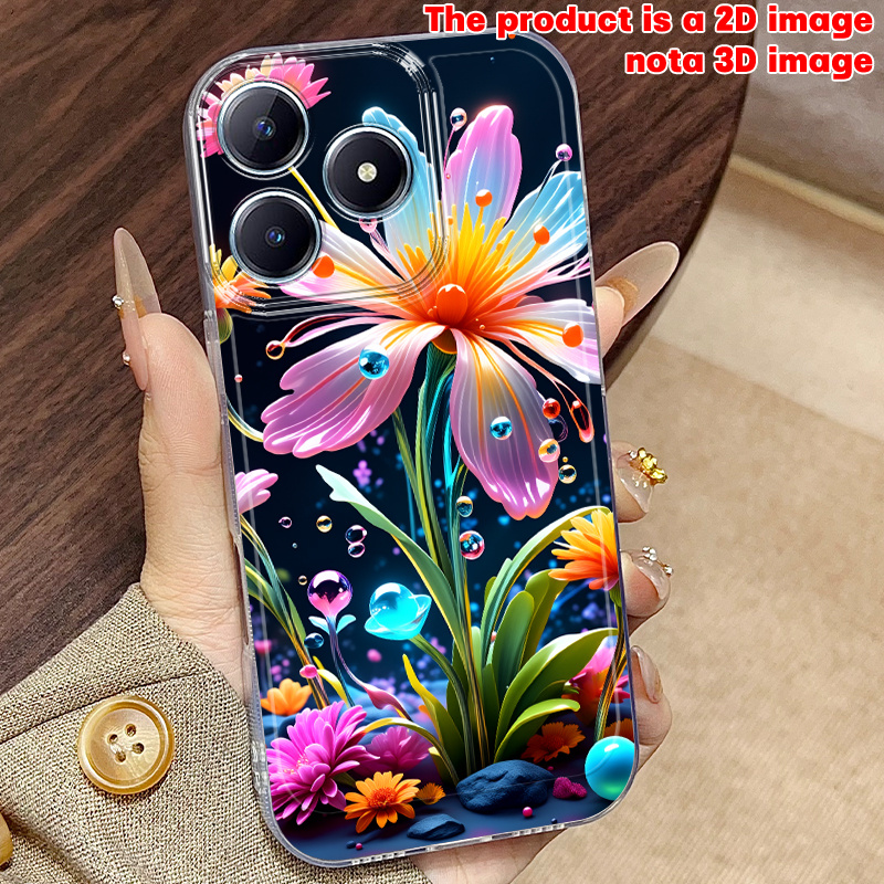 품목 사진 몽환적인 꽃 수滴 2d 평면 프린팅 패턴 휴대폰 케이스, realme 9, 10 pro, 11, 12, 13 pro+, c11, c21, c25y, c30s, c33, c35, c51, c53, c55, c61, c63, c65, c67, note 50, 60, narzo 20, 30a, 50i, 50 , 70 pro, 70x용. 만화 투명 낙하 방지 풀커버 tpu 휴대폰 커버, 심플하고 스타일리시한 충격 방지 소프트 보호 케이스. 자신이나 친구를 위한 창의적인 선물.