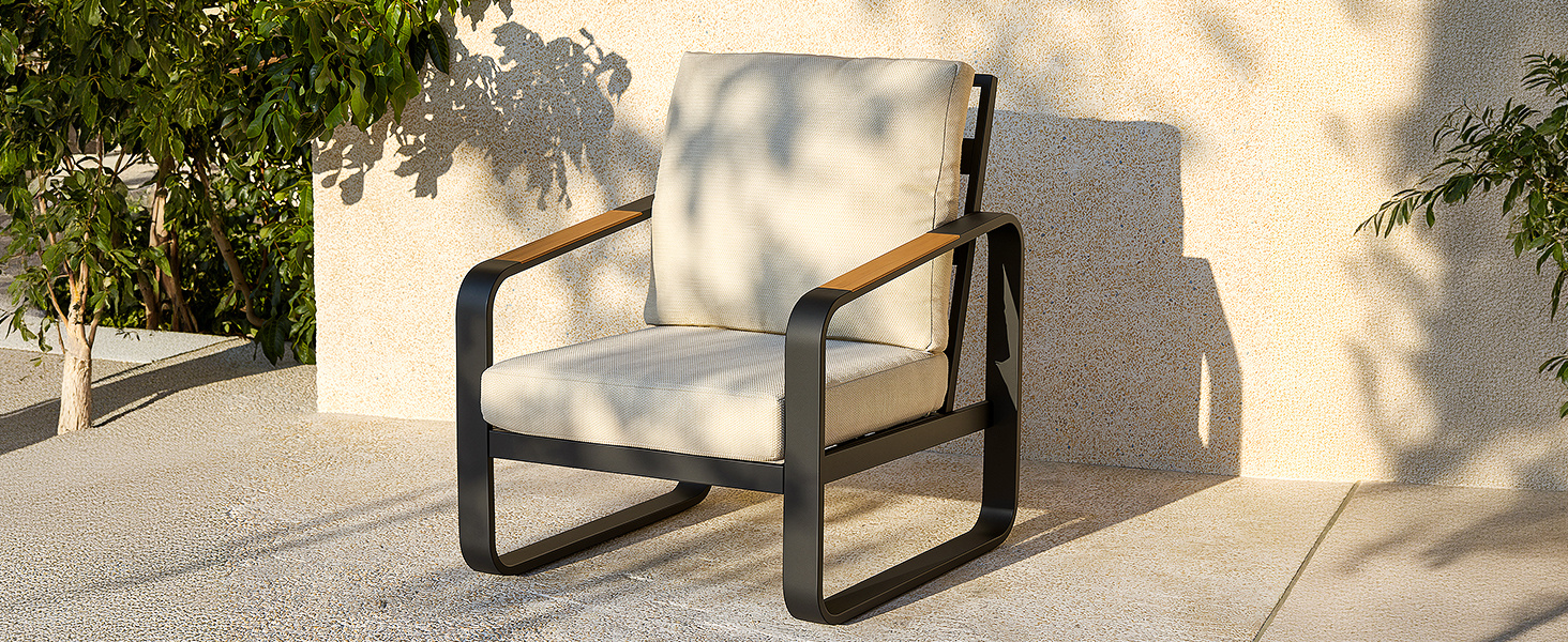 Outdoor Patio Lounge Chair with Beige Cushions, Black Aluminum Frame, Wood Armrests, Modern Style, Ideal Fathers Day Gift