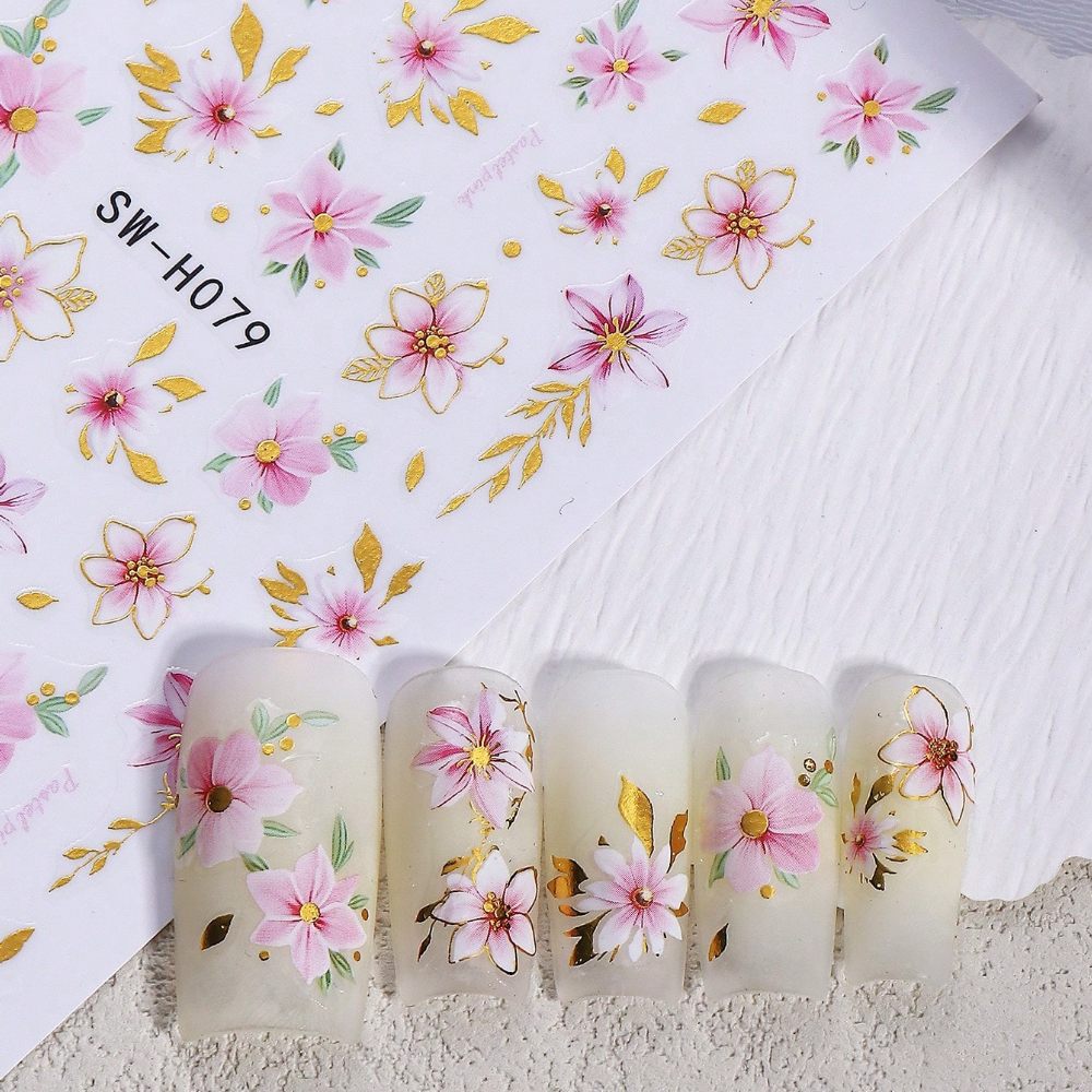 1pc Pink Flower Nail Stickers, Spring/summer Nail Decals, Cherry Vine Design, Golden Edges, Self-adhesive Nail Stickers, Nail Supplies.