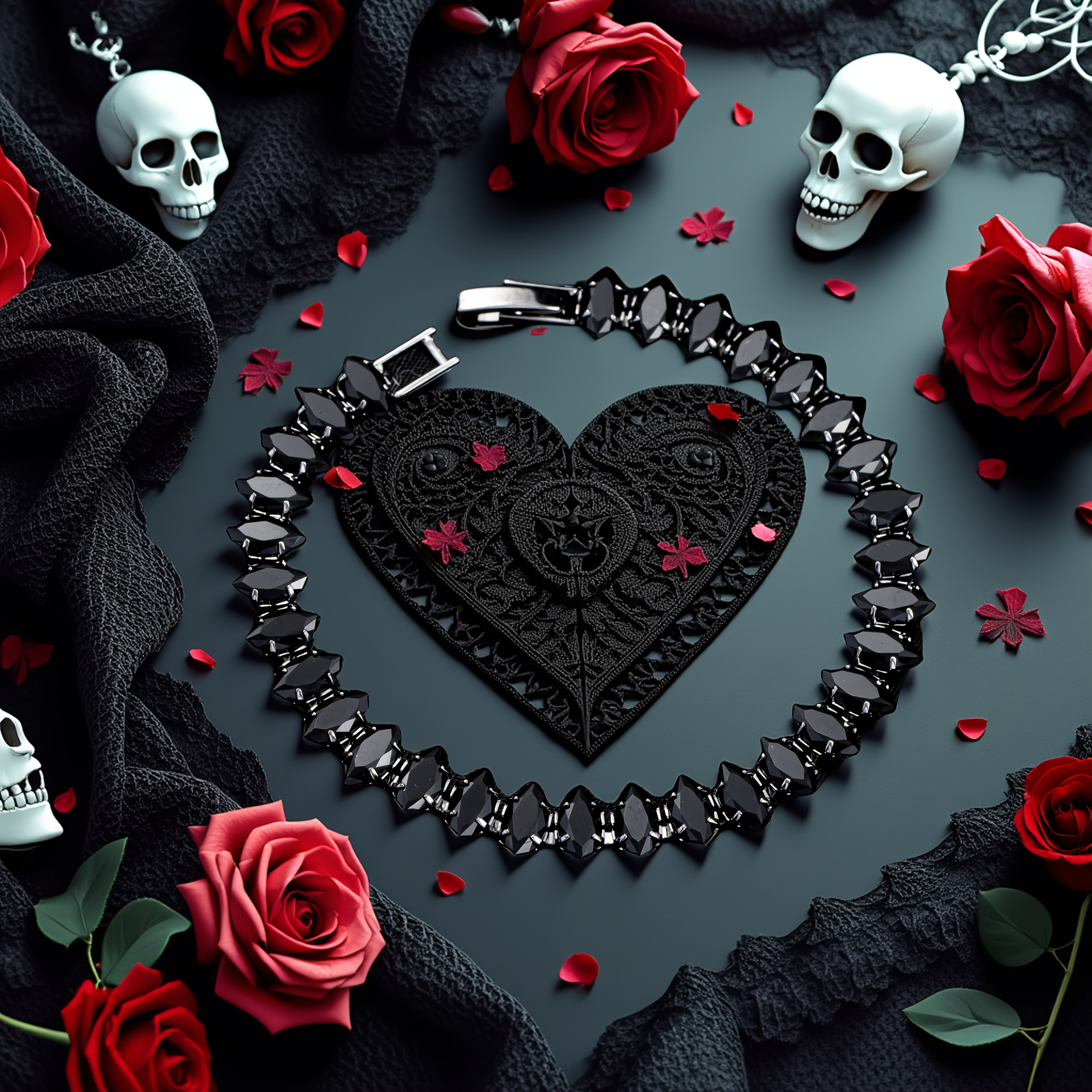 E-shop 1 Modisches Schwarzes Marquise-Gothic-Tennisarmband in Dunkelschwarz, Gunmetal-Schwarz Vintage Gothic -Hexen-Persönlichkeits-Halloween-Armband,
