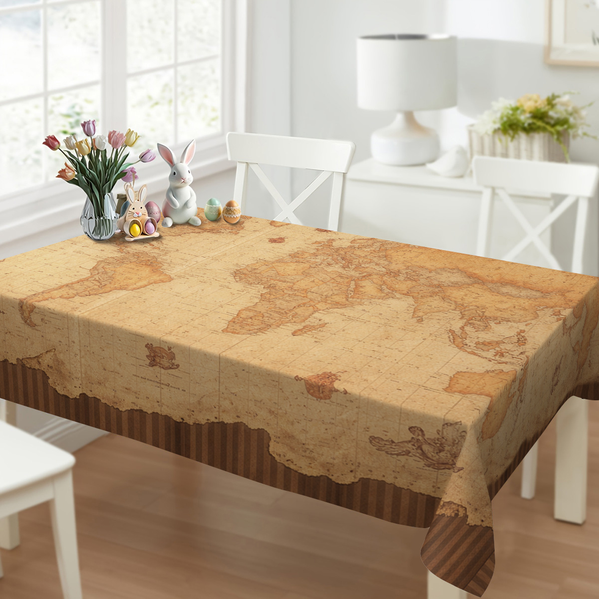 TEMU 1pc Retro World Map Print Polyester Tablecloth - Decorative Dining Table Cover, Classic Table For Home And Restaurant Use