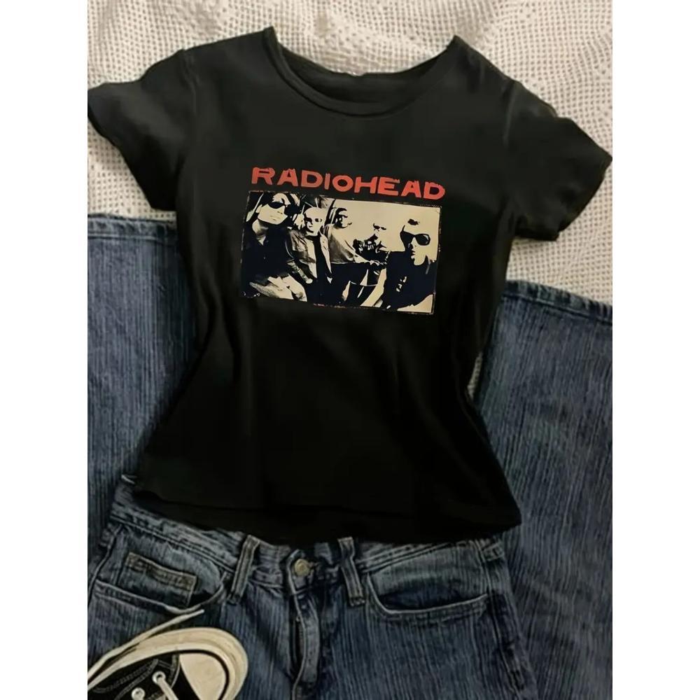 Fashion letter anime print Women's round neck Cotton T-shirt simple design, comfortable and breathable, suitable for daily casual and versatile, showing natural and elegant style, a must-have for summer parties, local delivery