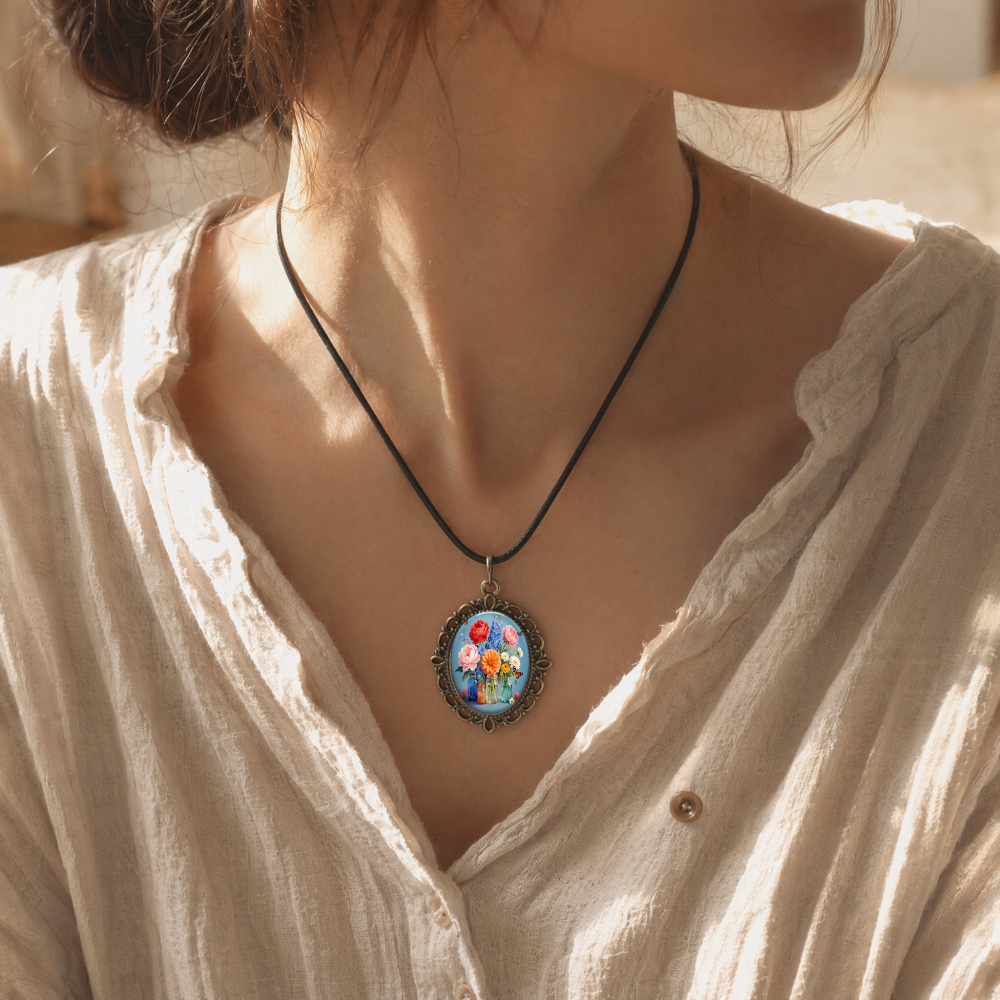 Vintage Floral Glass Pendant Necklace, Unisex Gift