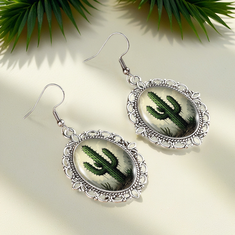 Cactus Plant Retro Oval Dangle Earrings