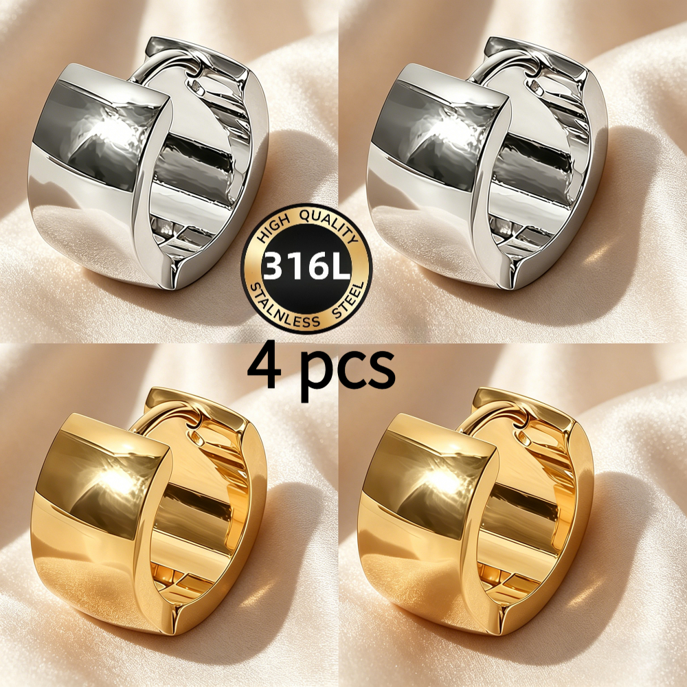 TEMU 4pcs High-quality 316l Stainless Steel Hypoallergenic Hoop Earrings In Golden And Silvery Color, Fade-resistant, Minimalist And Elegant, Fashion