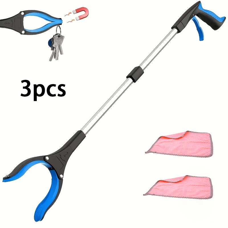 TEMU 3pcs (1pc Gripper And 2pcs Cloths) Foldable Grabber Reacher | 360° Rotating Claw With Magnetic Tip, Heavy-duty Litter Picker Upper, Long Arm
